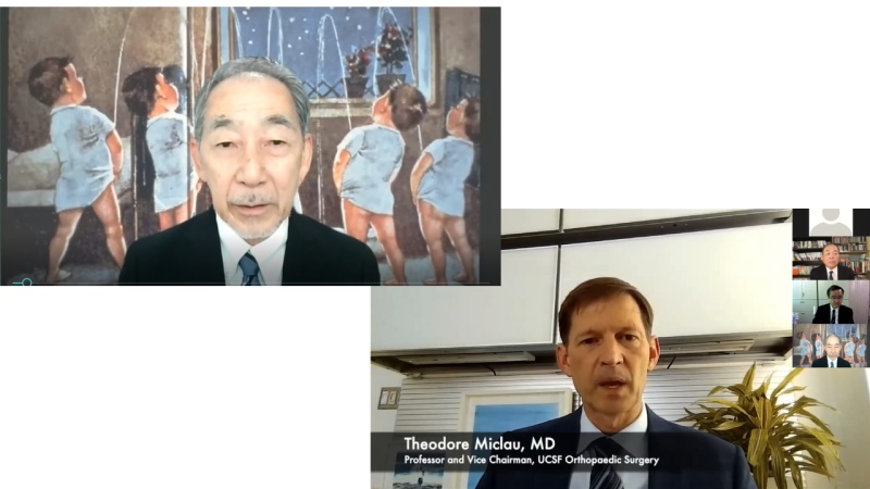 開会挨拶（左　塚本学長／右　UCSF整形外科　Theodore Miclau, Ⅲ教授）
